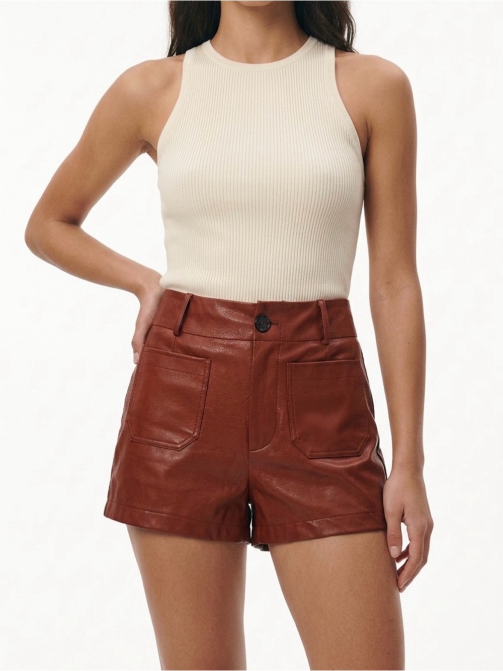 Maeve Colette Faux Leather Shorts in Rust Brown